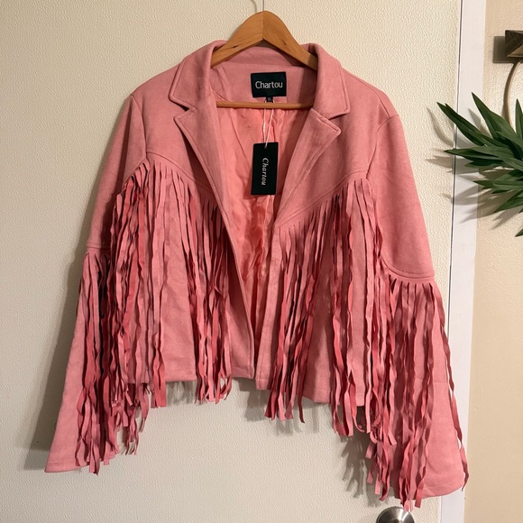 CHARTOU Pink Faux Suede Fringe Cropped Tassel Western Moto Jacket Women’s XL NWT - Picture 2 of 11